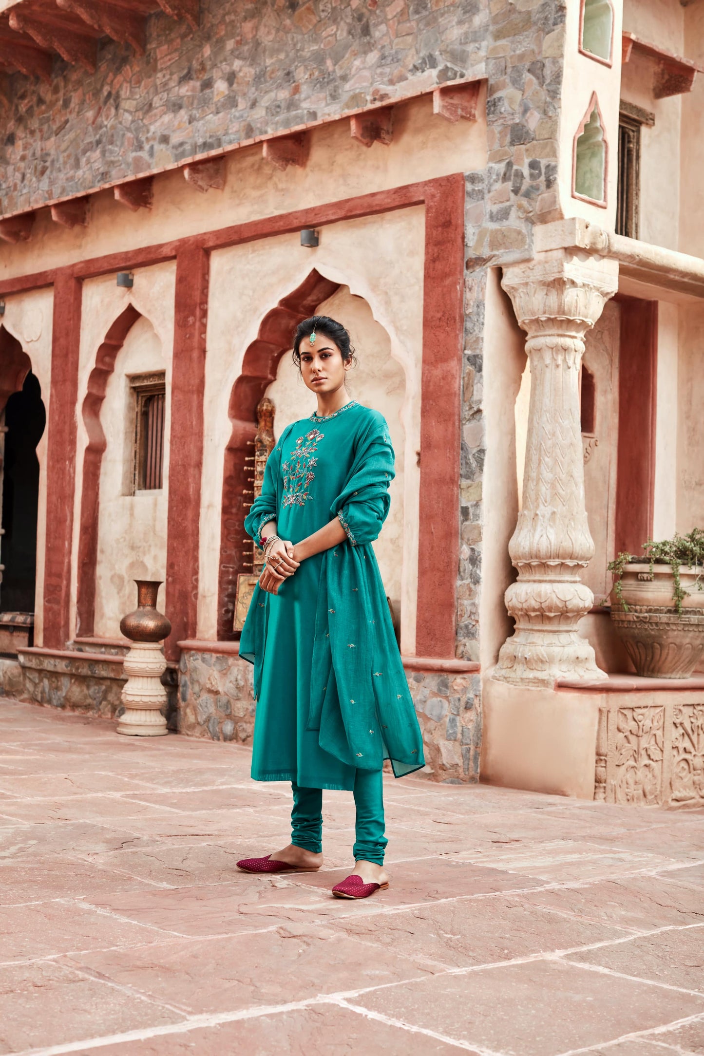 Teal Long Kurta Chanderi Silk Suit Set