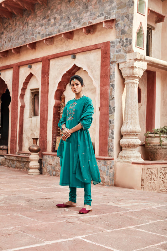 Teal Long Kurta Chanderi Silk Suit Set