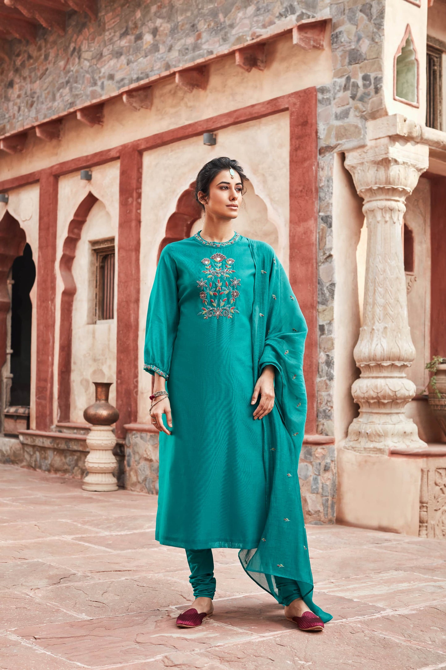 Teal Long Kurta Chanderi Silk Suit Set