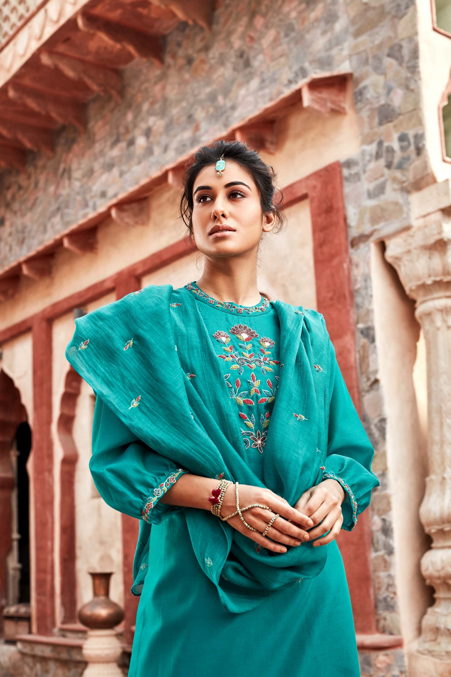Teal Long Kurta Chanderi Silk Suit Set